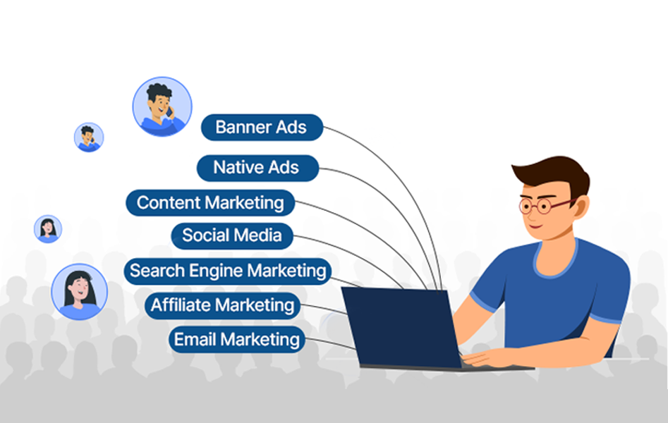 Performance Marketing A person sitting with a laptop. From the laptop, few icons with tags such as banner ads, native ads, content marketing, social media, search engine marketing, affiliate marketing, and, email marketing are coming out.